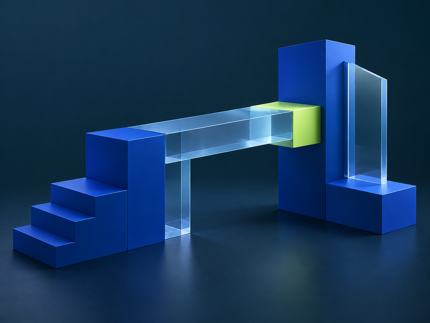 Abstracte architectonische constructie waarin blauwe en glazen onderdelen door een groene verbinding samenkomen.